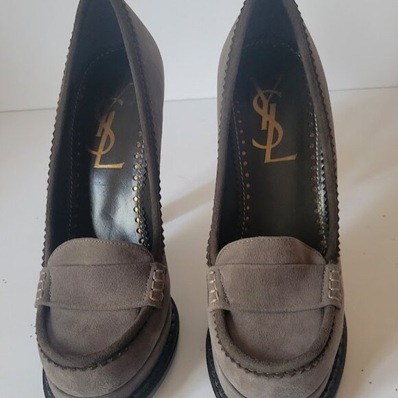 Yves Saint Laurent Gray Suede Round Toe High Heels Platform YSL Pumps - Picture 1 of 14